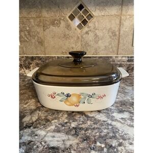 Corning Ware 2L Abundance A-2-B Casserole W/ Clear Pyrex Lid Made in USA Fruit